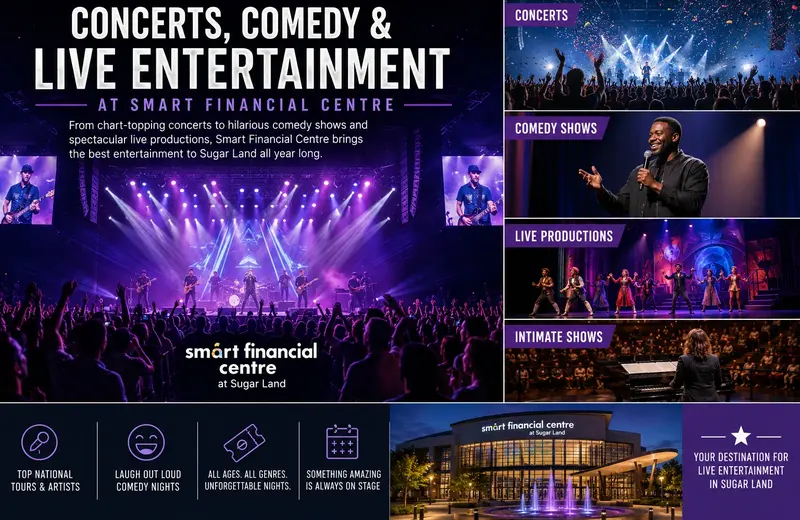 Live concert performance, comedy show, theater production, and entertainment crowd inside Smart Financial Centre in Sugar Land with colorful stage lighting, performers on stage, and audiences enjoying live events in a modern indoor venue.